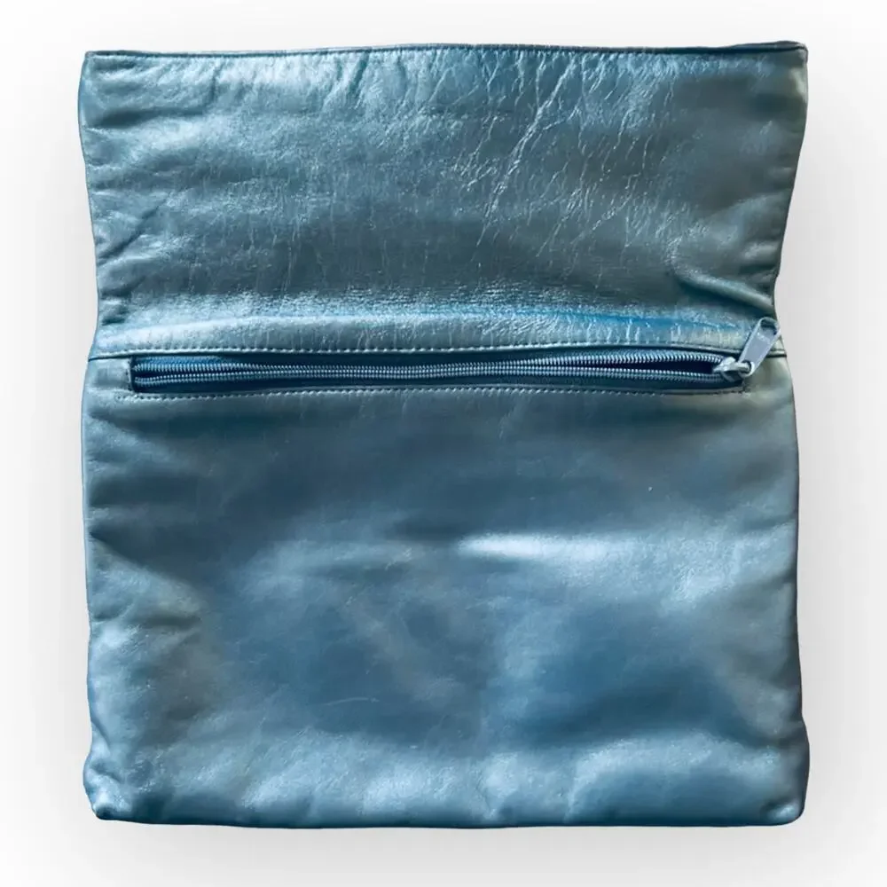 Pioneer Vintage 80s Navy Blue Leather Fold Over Clutch Purse w/ Fabric Cut Outs